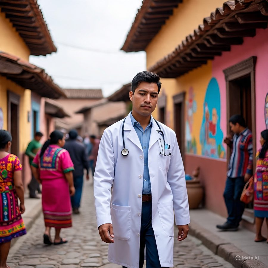 A doctor in a white coat with a stethoscope stands on a cobblestone street in a Guatemalan town.